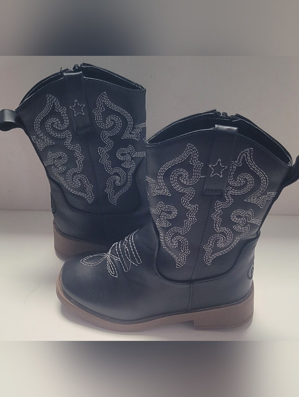 Kids PAWZ Black Cowboy Boots with White Stitching